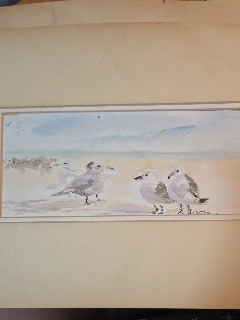 Jan Toko Seagull Beach Watercolor Print in Soft Neutrals